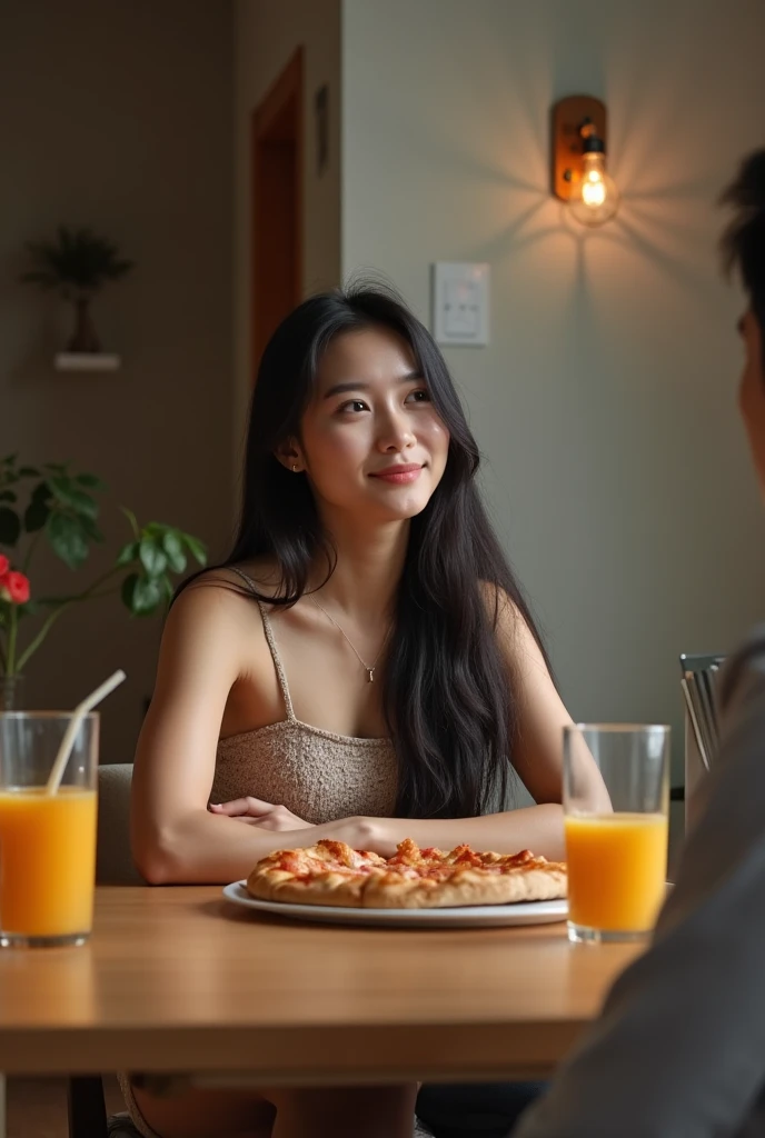 a young asian woman with long wavy hair wearing a summer dress, sitting at a table, food on the table, smiling, (high detail skin:1.2), 8K UHD, Digital SLR, High quality, filmgrain, Fujifilm XT3, perfect figure, (beautiful woman:1.4), ((wavy hair)), RAW photo, rim lighting, dim lighting, perfect anatomy, anatomically correct, perfection proportions.