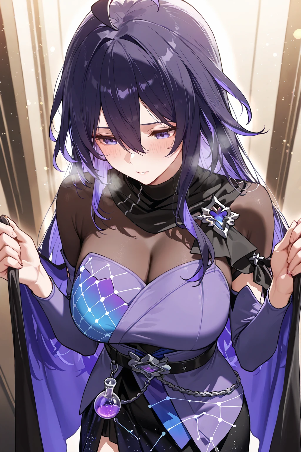 ((ultra realistic photo, 8k uhd, professional photo, full of details in clothes and face, eyes full of life, pink eye color, masterpiece, girl goddess of beauty)). Shogun Raider from Genshin Impact is a sexy woman with long flowing purple hair, pink energy glow at the ends of her hair, she wears highly detailed sexy lingerie, transparent panties, detailed kimono, she wears a jewel on the side of her head adorned with details gold and a jewel in the center. - She wears a purple and pink outfit with gold details, with ornate designs in gold. The upper part of the armor is tight to the body, highlighting her curves, her marked natural breasts, (she has long breasts, huge and perfect breasts emerging from her sexy and erotic cleavage, pointed BREASTS), ((transparent micro panties showing her pussy, perfect pussy, pubic hair, tight panties)), defined body, body with curves, big pert ass, pussy on display, Her arms are covered by armored gloves with similar designs in gold and attached to the arm by straps. - A piece of cloth flows from his waist, complementing the look of the armor. - ((Her face is very pretty, she has light pink eyes and a serious expression)). - In the background, there is a dramatic sky full of dark clouds and purple lightning lighting the scene. The full moon is visible between the clouds. poses, doing poses, sitting with legs open, squatting showing pussy, on all fours, heroic and flashy possessions.