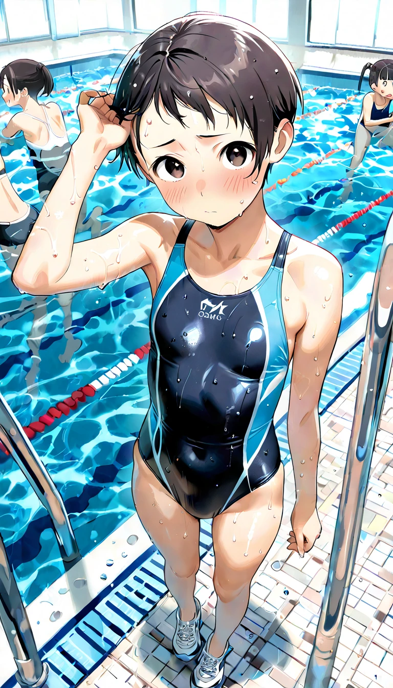 short detailed hair。with fair skin。Bare legged。swimming uniform。smallunderboob。