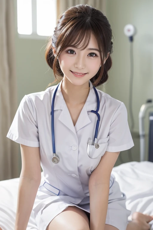 (Highest quality: 1.5), (Realistic: 1.5), (1 person: 1.5), Very detailed, High resolution, 8k,Natural color lips, Cute Smile, Japanese women, 20-year-old girl, Beautiful and elegant features, Perfect and beautiful face, Balanced big eyes, Beautiful and elegant features, Natural double eyelids, Natural Bangs, Beautiful thin nose, Beautiful Skin, Medium Bob Hair , Natural Bangs , Perfect and beautiful face, Slim face and figure, (Looking at the camera with a sweet smile), Bright lighting, Professional Lighting, Forward lighting, Beautiful feet: 1.2, Smooth Skin, Slender body, Slim waistline, slim thin thighs, Cleavage, Detailed clothing,  (real short nurse uniform:1.2), (Breast nurse:1.4), Stethoscope,  Ultra HD, Realistic, bedroom
