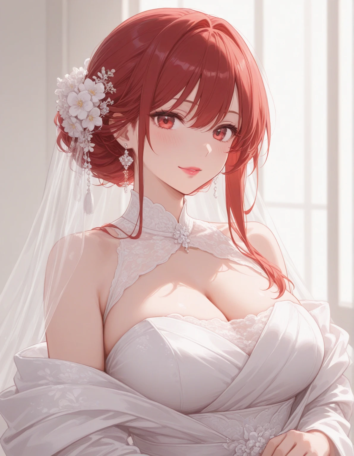 masterpiece, best quality, ultra-detailed, illustration,masterpiece, Best quality, high resolution, high resolution, Annadef, 1girl, solo, multicolored hair, two-tone hair, hair ornament, yellow eyes, short hair, pink hair, red hair, orange hair, beautiful detailed eyes, looking at viewer in a seductive look, close up, (breast focus), (arms behind back:1.2), (from above:1.1),big sized breasts, attempt to seduce,blush, cleavage ,(wide thighs), (weeding dress), (white dress),(white veil),(tight dress)