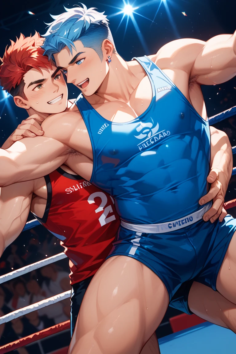 Young adult males slightly muscular wrestling with each other wearing tight erotic leotards their huge manly sagging bouncing breasts and huge erect bulges rubbing, NSFW, wrestling porn, wrestling hentai, yaoi, ((dynamic wrestling pose)), catfight, erotic male wrestling, ((fucking)), the defeated one gets fucked, the crowd cheers, ((fighting and boxing)), (((grabbing male’s huge soft squishy manly bouncing breasts from behind))), ((bouncing in the air sagging manly pecs)),