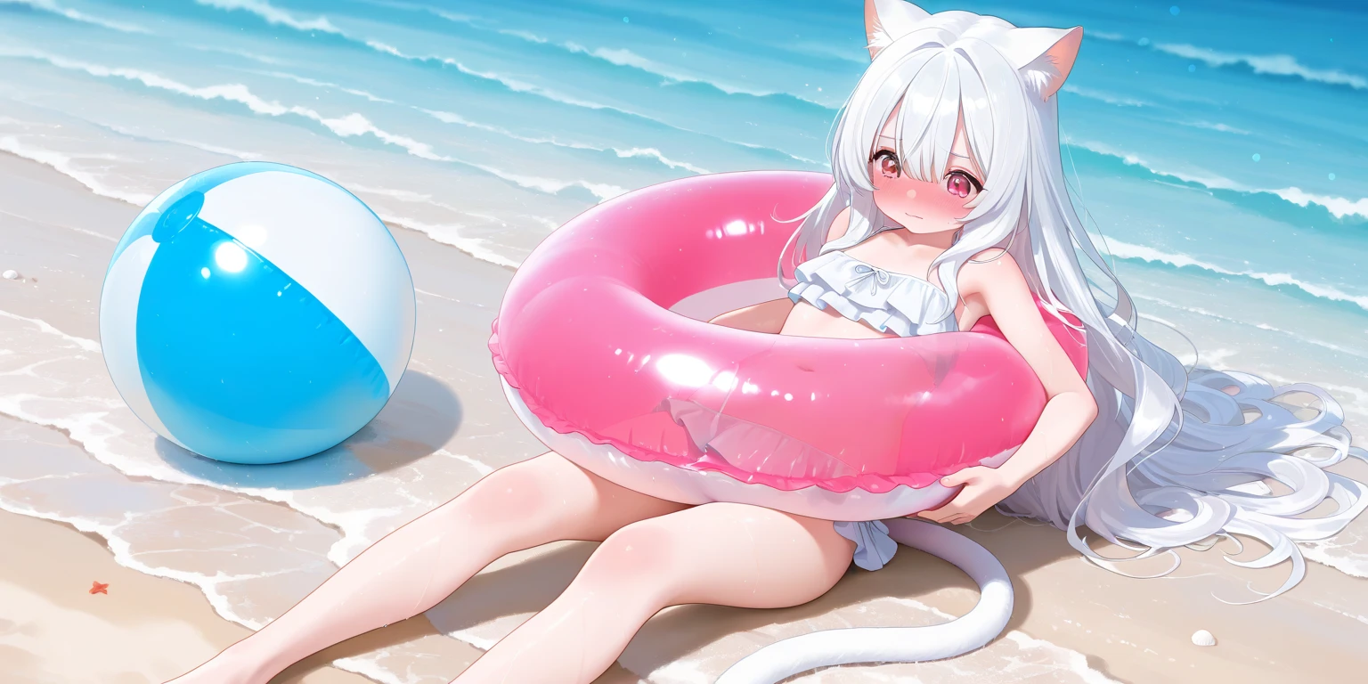 ((Highest quality)), ((masterpiece)), (detailed), an anime girl, in white bikini, on large circular floatie, 1girl, beach, 独奏, swimsuit, barefoot, one-piece swimsuit, sand, purple eyes, twintails, wet, spread legs, covered navel, breasts, lying, blush, on back, white one-piece swimsuit, looking at viewer, outdoors, long hair