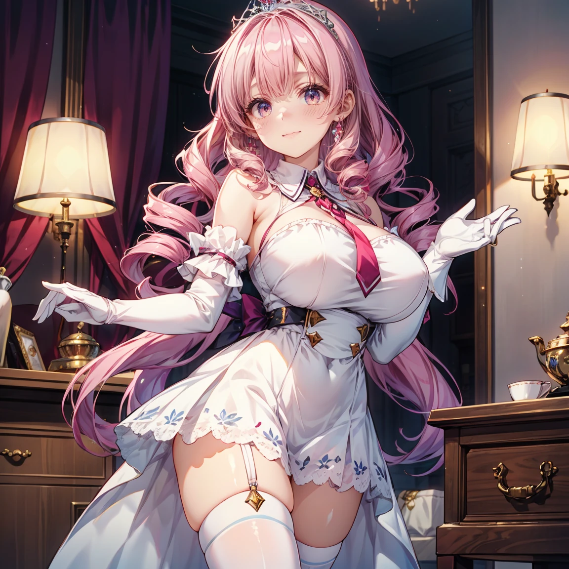 (((Ultra gorgeous beautiful dress is rococo style bawlgawn with))), ((hoopskirt and long hems)), solo lady is cute and very beautiful, (fluffy ponytail pink hair:1.2), Curly Hair, (Expressive hair:1.2), (very voluminous long hair:1.2), (cowboy shot), (dutch angle:1.5), (huge breasts), ((masterpiece)), ((ultra detailed)),