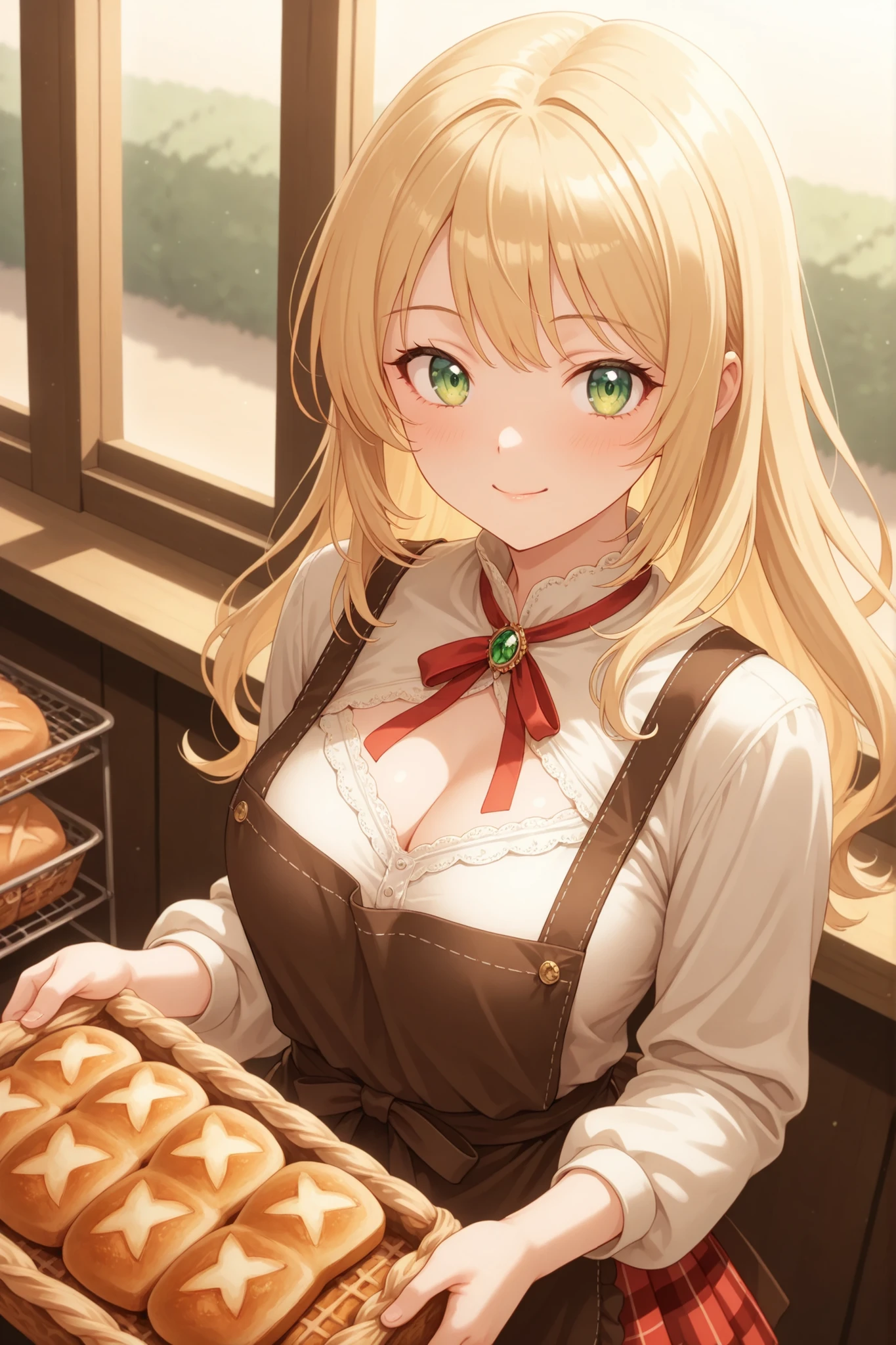 Woman's face, Long blonde hair, smile, the sun is red, (Digital Painting, Concept Art, Smooth, Sharp focus, Intricate details, close, masterpiece: 1.2)
