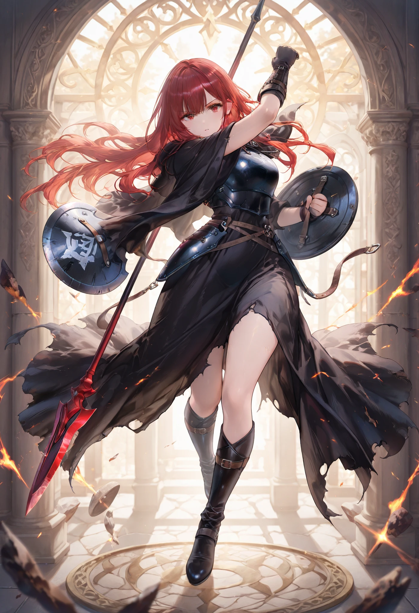 、perfect anatomy, 1girl,((full body)), DYNAMIC POSE, Spear and Shield、leather armor、 ragged robe、