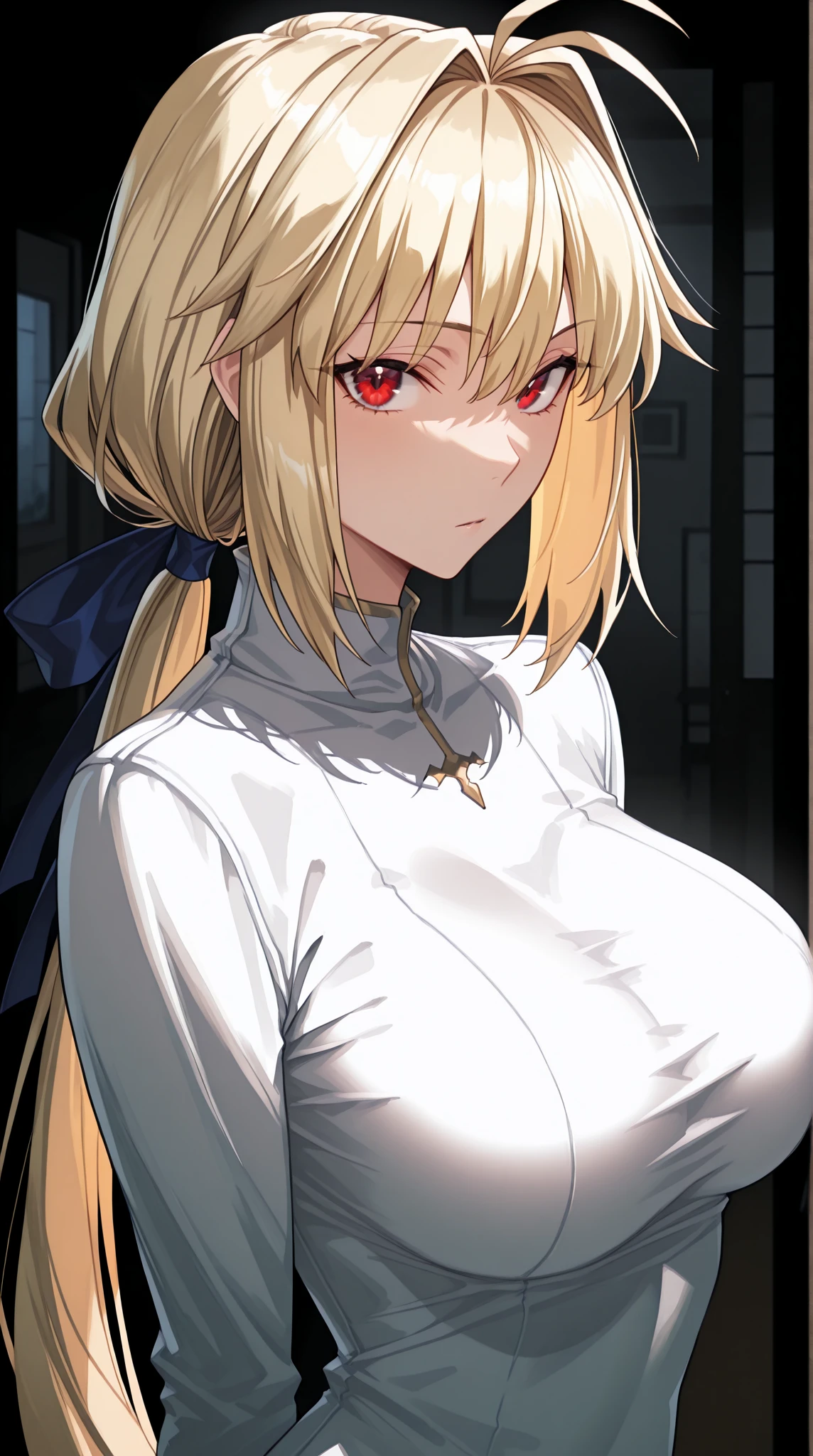 Best quality, masterpiece, ultra high res, 1girl, sexy, in the dark, deep shadow, low key, cold light, milf, blonde, dynamic light, cinematic lighting, cinematic lighting, down blouse, mature woman, middle parted hair, nsfw, natural breast, upper body, milf, samui