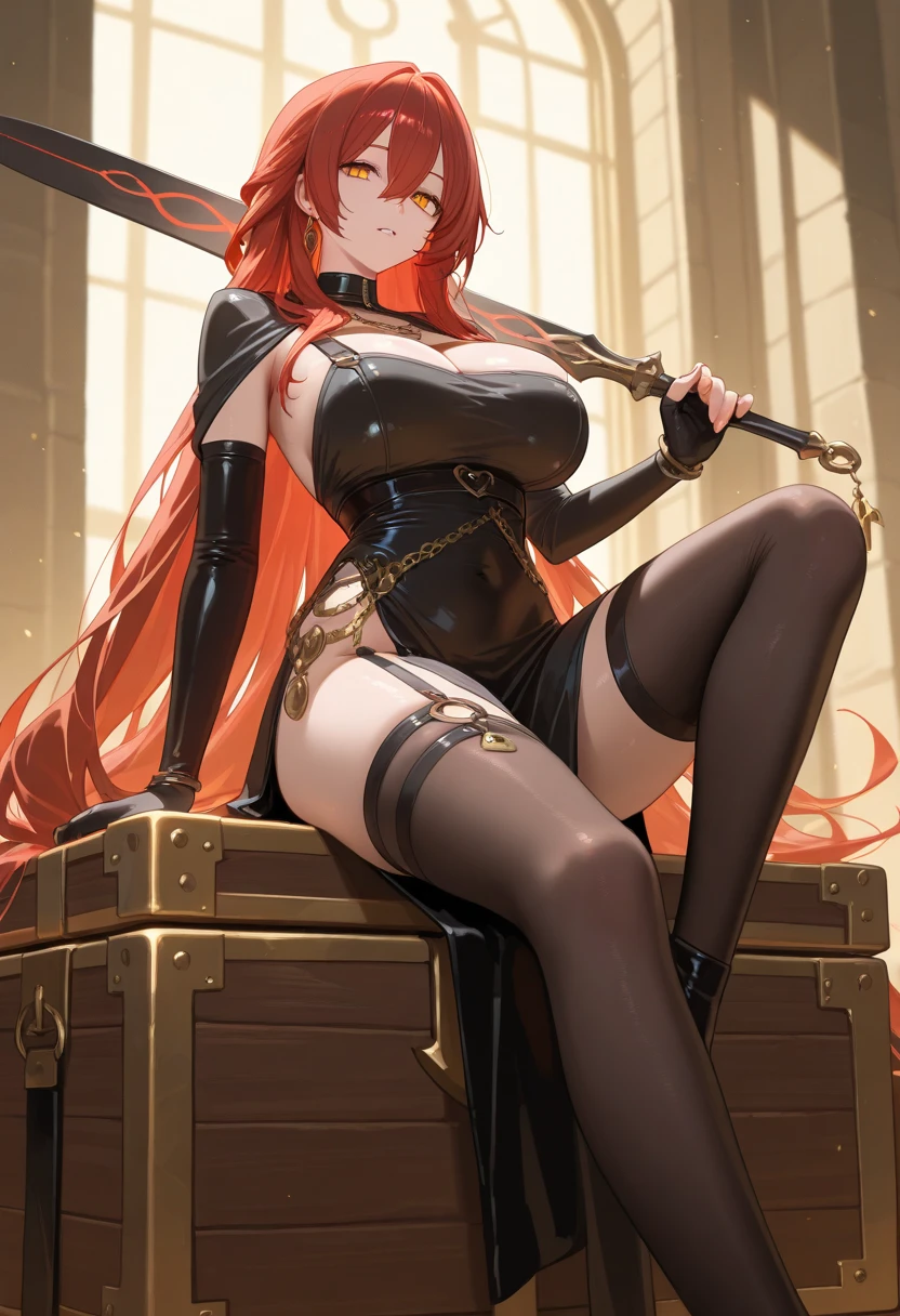 masterpiece, best quality, 1girl, long hair, big bust, very long red hair, yellow eyes, buns with braid , black dress, jewels, ruby earrings, good anatomy, red gloves, boots, heels, evil, emotionless, intimidant, bloody, detailed eyes, throne, dark background