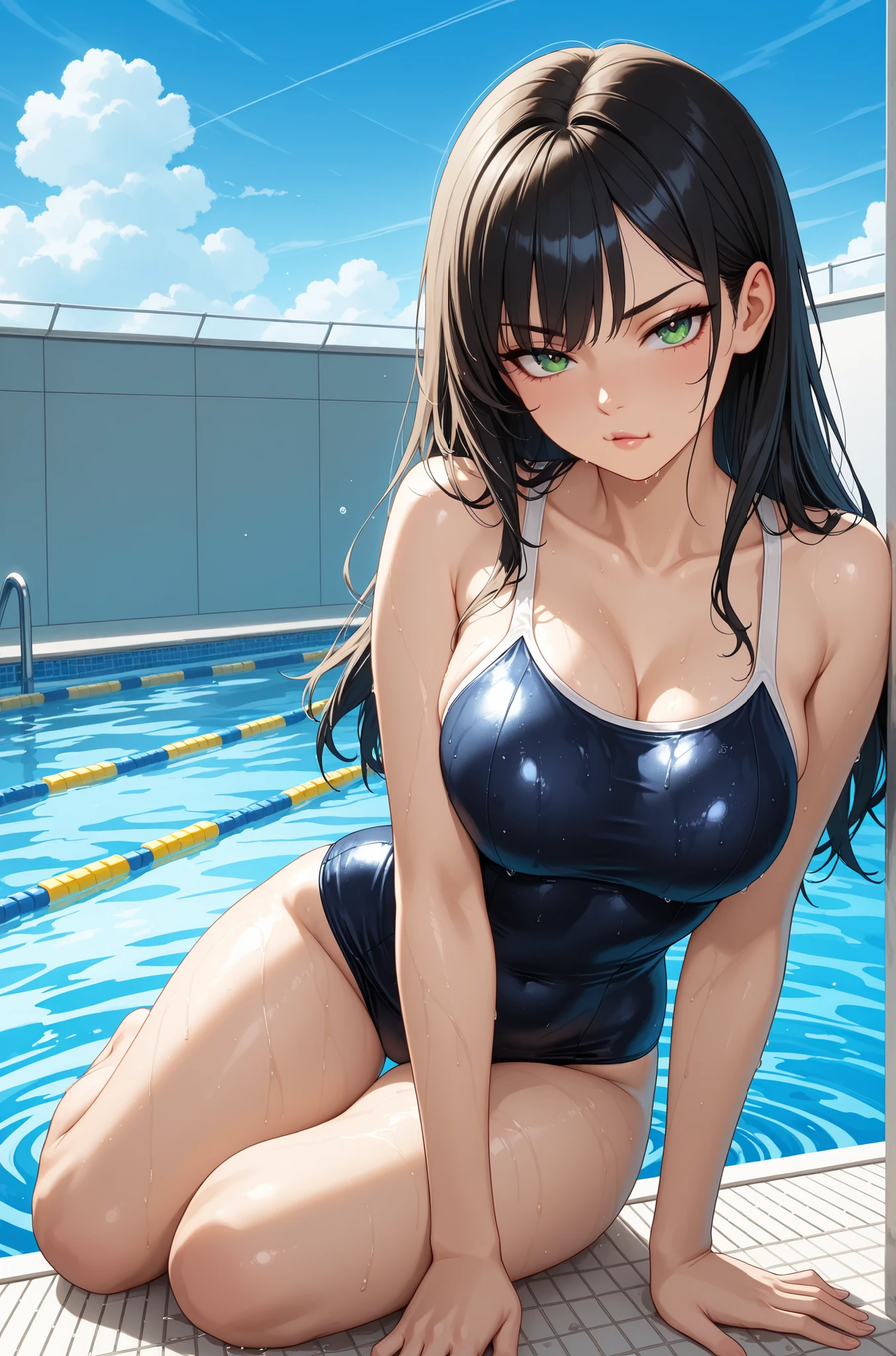 (((masterpiece))),(((High resolution))), (((perfect face)))、(((Japan beauty)))、15 years old, (((swimsuit))), ((top quality eyes)), detailed texture, ((high resolution face)), (at the swimming pool)