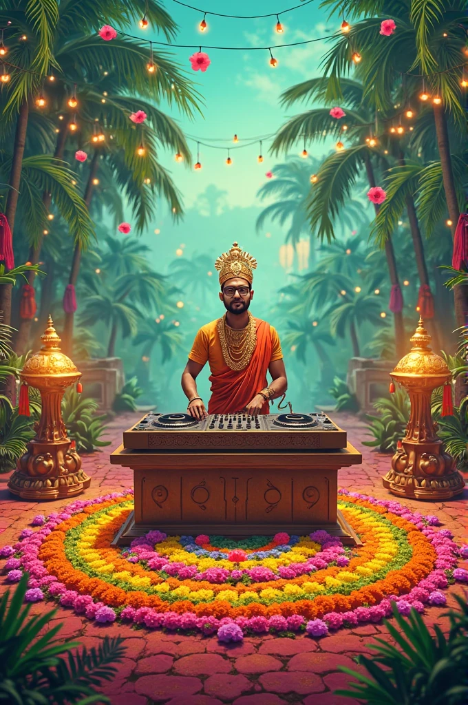Buddha DJ wearing an ironman mask with a tantric priestess mixing music on a DJ turntable at a Hindu temple Ultra-realistic photo --auto