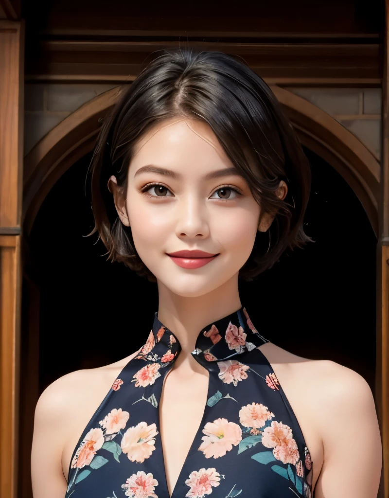 391 ((young woman)),(short hair),(floral dress),(archic smile)