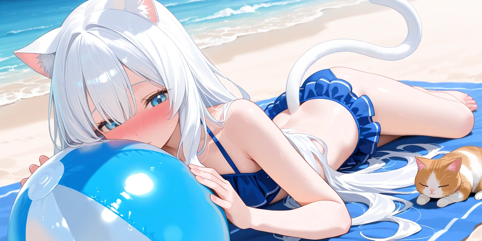 Ride an inflatable killer whale float、1girl、(((best quality)), ((masterpiece)), (details), masterpiece, best quality, high quality, ulutra detailed, perfect face, ((1girl, Blue eyes, cat ears: 1.3 silver bob hair: 2.5,))、Shiny Hair、Glowing Skin、smile、Lustful look、I can see your toned stomach、Sideboob、Underboob、iding on the inflatable killer whale float.Ocean、Ocean上、Ocean水浴、Orange Bikini、smile、Heart effect