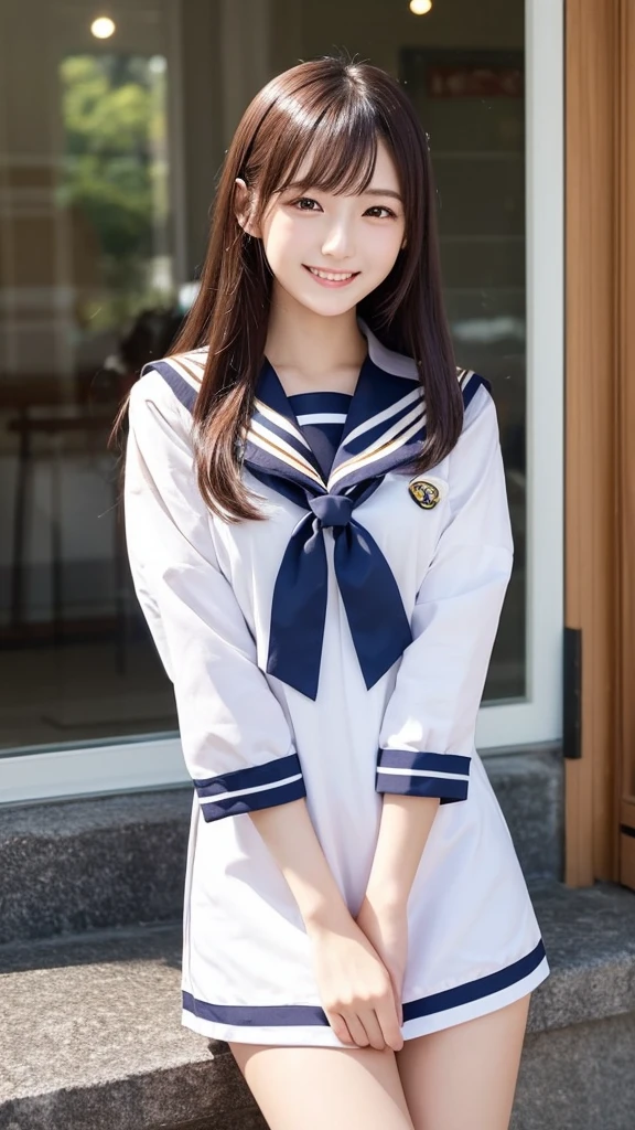 ((top-quality,8K,tmasterpiece:1.3)),Beautuful Women,1 girl in,sixteen years old、(The idol-like face is cute:1.3),A slender :1.1,(White cardigan、Sailor School Uniform、Navy blue pleated skirt:1.3), (Whole body :1.2), A smile,Small milk,Long bob hair ,Longhaire、bangss、Super Detailed Face,very detailed lips,The mouth is wide open,Detailed eyes,Charming eyes,二重まぶた, sexy body type、(Sitting on a bench in a fashionable shopping mall)、