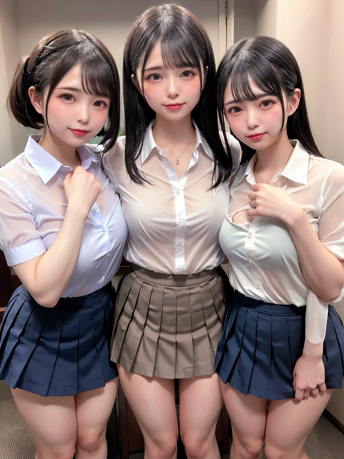 100 Girls,Crowded, Long Hair, Brown Hair, No sleeve, sexy, A row of girls, Girls standing in a row, Girls only, Sisters, ((Tight white collared shirt、Pleated mini skirt))，Full body photo:1.9， Adorable， smile， Slim face, Slim body， Short Brown Hair， 32k, masterpiece， Best image quality，Ultra-high resolution，Perfect hands，Black Choker、blue eyes、bangs、Very numerous and very long eyelashes, Lots of girls、((Big Breasts)), Dependents, Big Breasts, Red lipstick, Fully booked、Party Venue