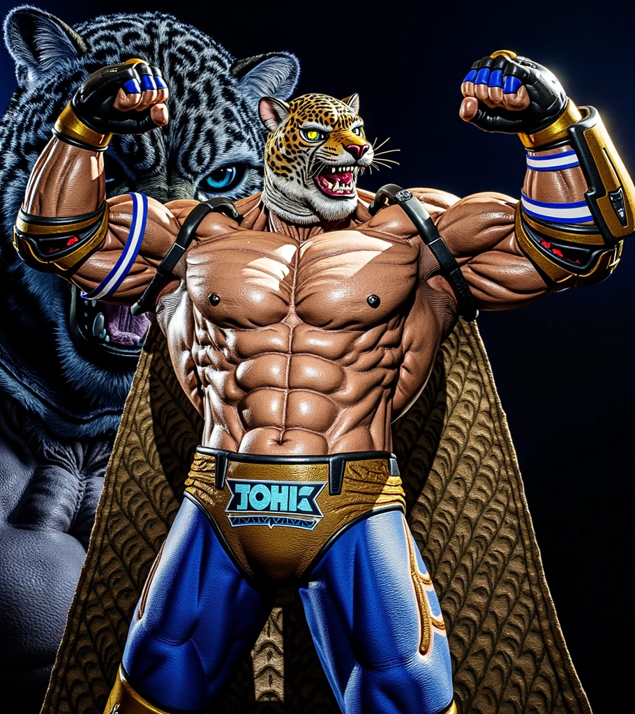 king, tekken, 4k, high resolution, best quality, detailed, posted on e621, solo, human body, jaguar head, male, very muscular, (black background, plain background:1.1), correct anatomy, dramatic shadow, cel shaded, cartoony shading, (by wfa, by negger, by rossciaco), sweat:1.4, detailed eyes, wrestling outfit, bare chest, shirtless, wrestling gloves,