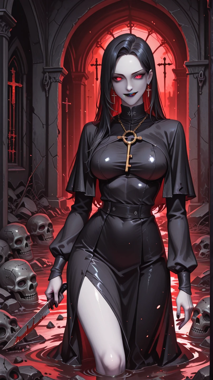 score_9, score_8_up, score_7_up, score_6_up,, anime_source, thicc Goth girl, wearing a Deadpool outfit, cleavage, big , large hips , praying, standing by a grave, trees, grass