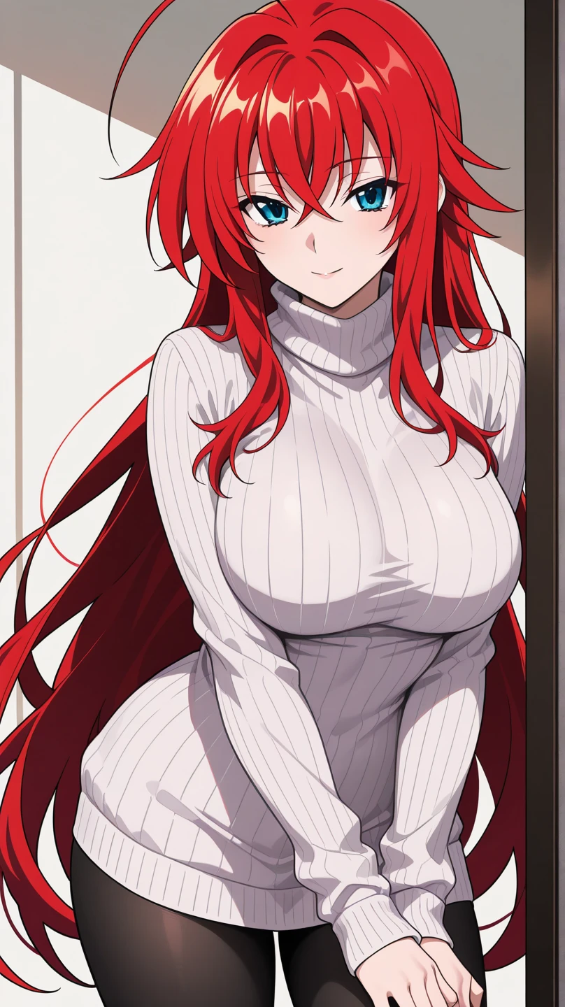tall anime style woman, red hair down to the floor, the tip of the hair fades to orange and yellow, hair tied in a ponytail and tied with a red ribbon, curves, a lot of chest, big hips and butt, Linda, cherry to red gradient eyes, red to orange and orange to yellow with the bangs to the left side of the face and with a lot of volume and wearing a formal suit with an all red top 
