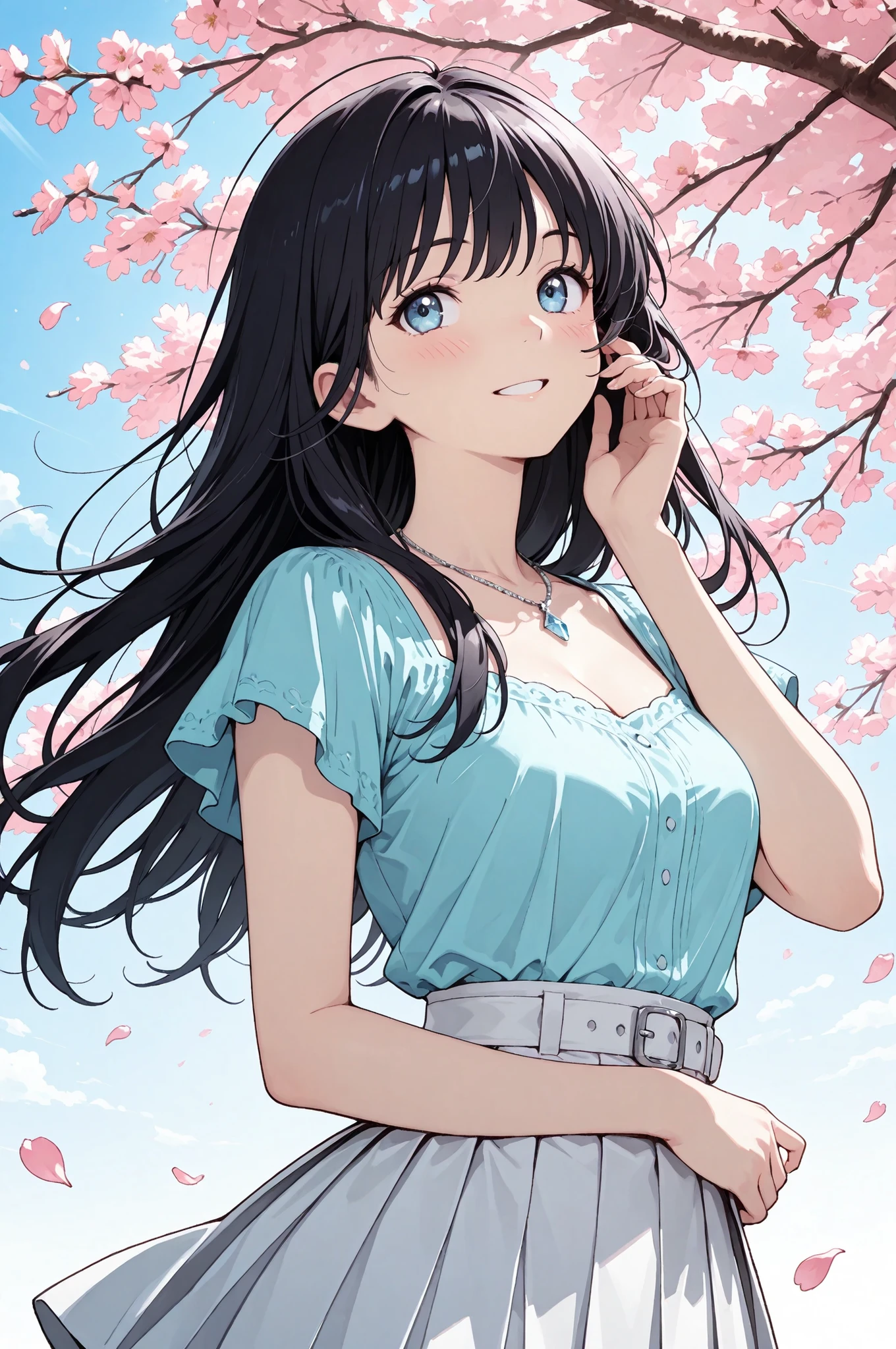masterpiece, score_9_up, best quality
BREAK
1girl, 20 years old Japanese anime girl, solo, portrait orientation, vertical composition, ((flat anime style illustration)), ((clean lines, vibrant flat colors, minimal shading)),
BREAK
long flowing black hair, gently swaying in the breeze, crystal blue eyes sparkling with joy, a warm and inviting smile, fair skin with a soft blush,
BREAK
wearing a light pink short-sleeved blouse revealing a hint of cleavage, a white pleated mini skirt, simple silver necklace,
BREAK
standing in a sunlit park during cherry blossom season, sakura petals gently falling around her, looking up at the blooming cherry trees, soft spring sunlight filtering through the branches, bokeh_background of pink and green hues,
BREAK
dynamic angle from slightly below, capturing her uplifted face and the expansive sky.