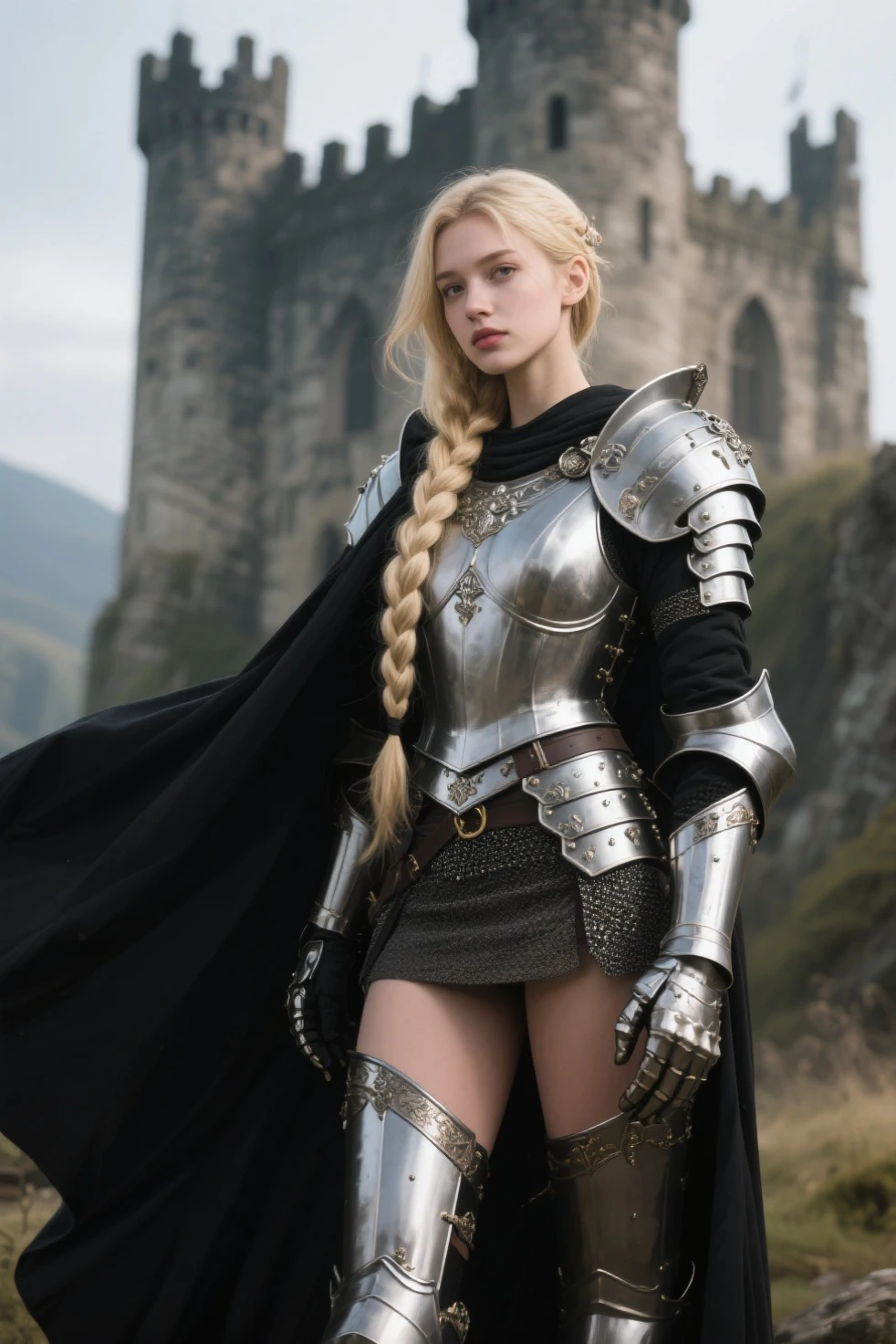 (soft lighting, dynamic angles, blurred background, rating_explicit, perfect hand based on anatomy, five fingers, slim beautiful body, sexy young girls, exquisite face), 
A beautiful female knight in silver armor, blonde hair, long thick braids, full body armor with detailed decorations, a black cloak fluttering down, standing in front of an old Western castle,