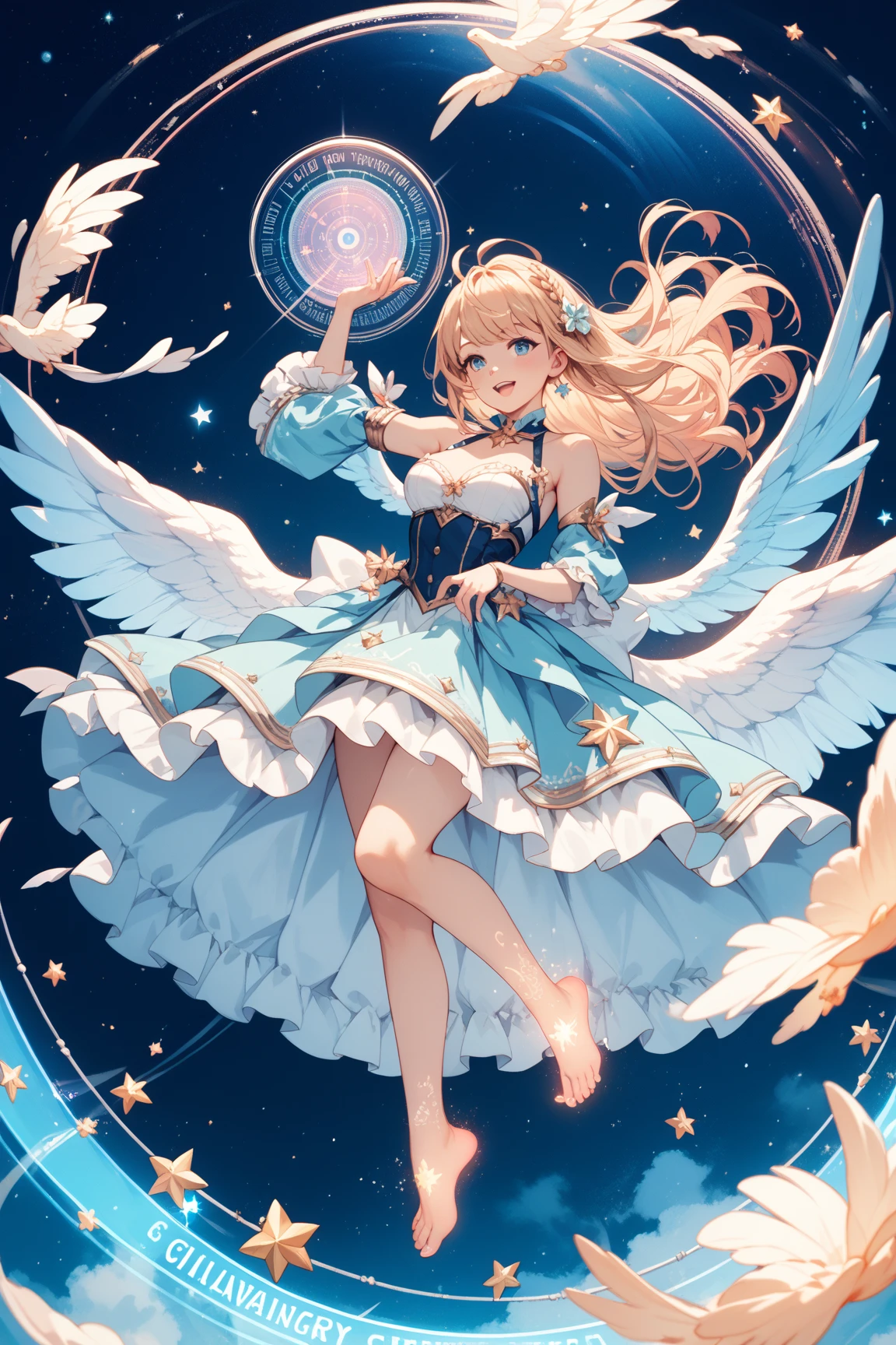 (masterpiece、highest quality、official art:1.2)、look at the audience、(Mystical magic)、Cute knitted hat，（One piece figure）（blonde hair）（Panty shot），star island、water fragments scatter、（mercury group），floating colorful starry sky、(2D:1.5)
