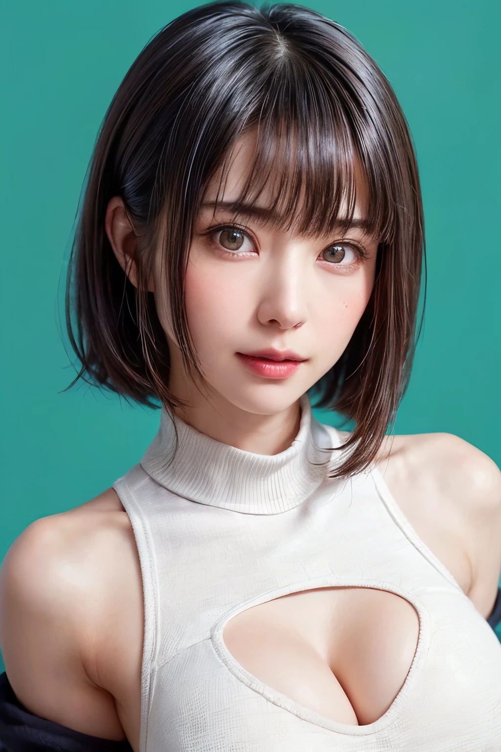 ((masterpiece, Highest quality, High resolution、Realisticですべてが美しく詳細に描かれている)), 1 girl, (Realistic: 1.4), alone, White Background, snow-White Background, Mouth closed, smile, smile, Beautiful black hair, short hair, Big eyes, Transparent double eyelids, eyelash, Listen carefully, Long neck, 美しくLong neck, Absolute area, ((Face close-up)), (Draw the whole head, shoulder), 19 years old, Attractive proportions, Glowing Skin, Beautiful clavicle, Golden ratio face, Perfect Face, Teardrop-shaped mole, chestのほくろ, bangs, clean bangs, beautiful bangs, Lip gloss, Thin lips, Fair skin, naked, Big Breasts, {Huge|big|Hugeな|Mega} chest:2, chestの谷間:2,Small face, Small face, All the heads are painted, shoulder all drawn, Point slightly above the camera