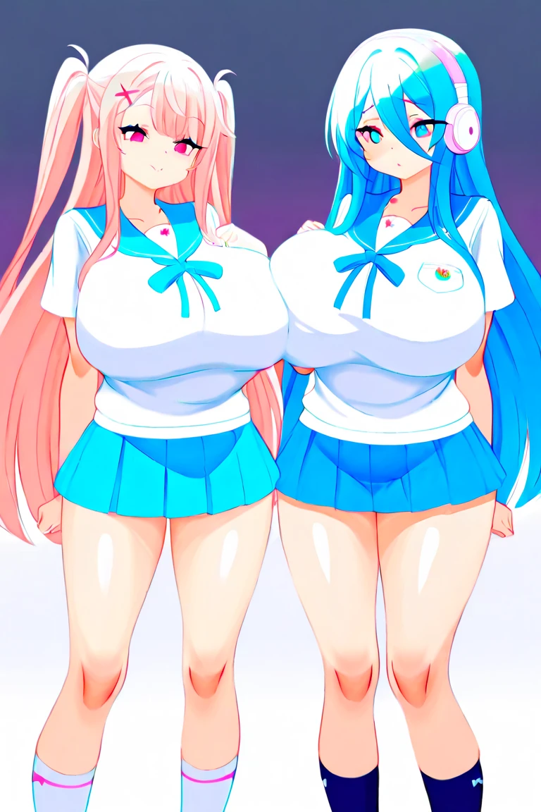 Super Sonico & Hatsune Miku , 2girls , Masterpiece, High quality photos of Beautiful Bombshell , Very good , nude , Masturbation , Bright day , classroom , standing split leg , good hand , show pussy , ahegao