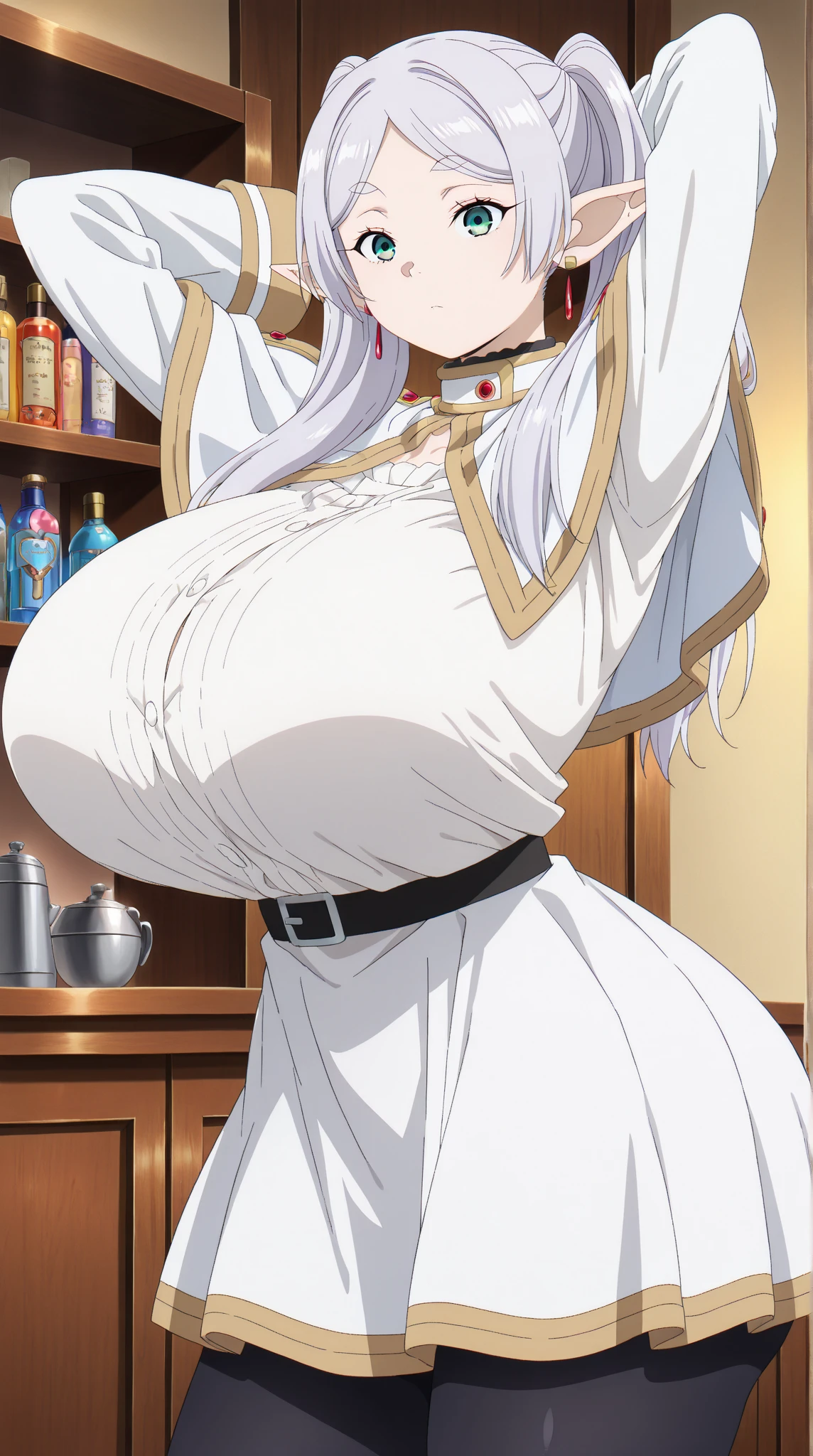 pretty female elf cleric, sitting, braid, wide_hips, huge_breasts, blonde_hair, sweat, white dress, royalty, royal, voluptuous, blue_eyes,