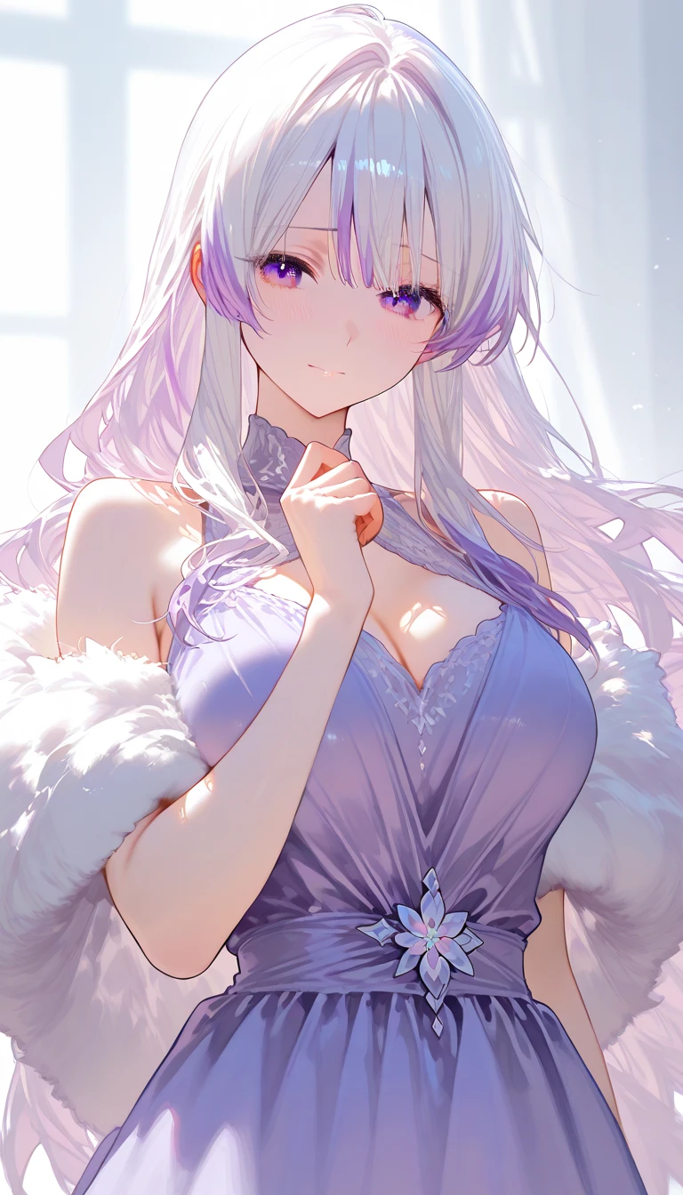 Emilia Re:Zero, white hair, white crown braid, purple ribbons in hair, white flower in hair, white lingerie, x hair ornament, purple eyes, long hair, medium breasts, fox ears, fox girl, 1girl, solo,
(masterpiece:1.1), (best quality:1.1), (ultra-detailed:1.1), (illustration:1.1), medium breasts, one piece lingerie, bra, panties, camel toe, lacy white lingerie, cleavage cutout, midriff, looking at viewer, cowboy shot, blushing