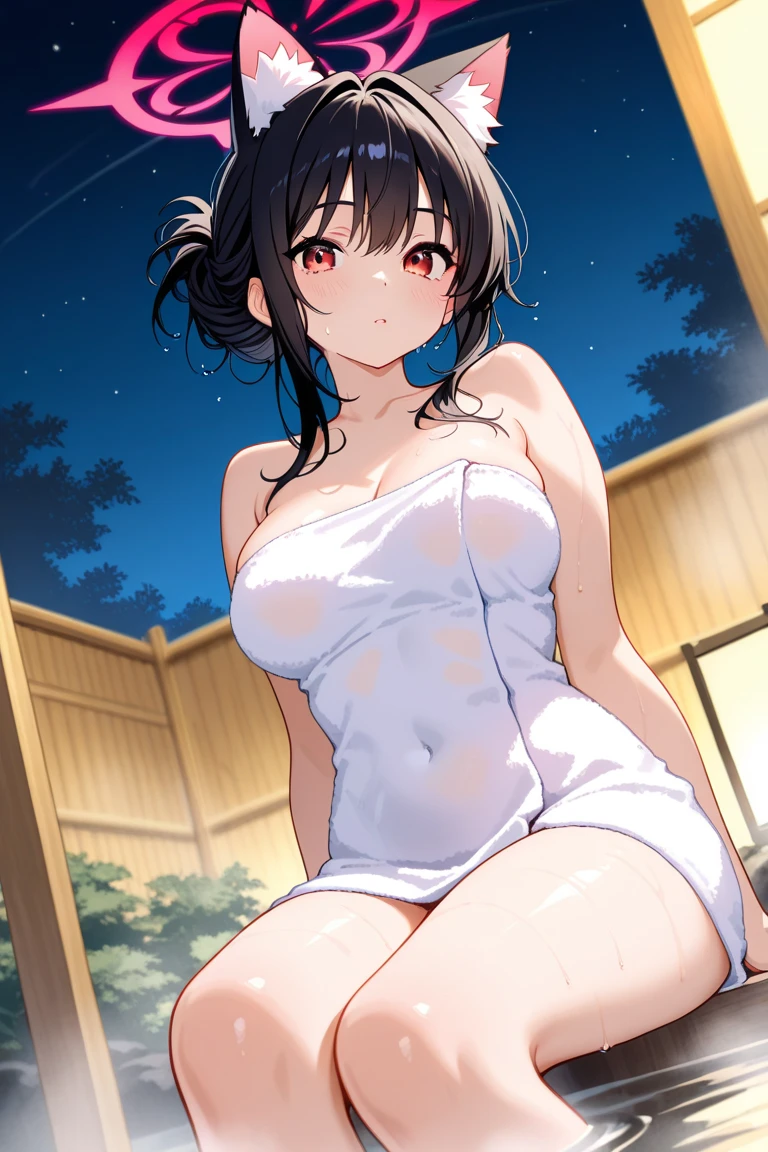 (1girl, shameimaru aya, Touhou), beautiful detailed eyes, red eyes, curvy, Slender, large breasts, black thigh highs, (cleavage) , (breast hold), (Naked Towel, ((see-through Naked Towel, 粘着性のあるNaked Towel))), (close-up shot), dynamic angle, Highest quality, Super detailed, masterpiece, Ultra-high resolution, 8k