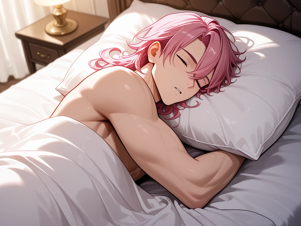 A boy (Naked) pink hair color mullet hairstyle, green eye color (whole body)
