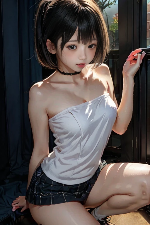 NSFW. ((top quality, 8K, table top: 1.3, RAW photo)), sharp focus: 1.2, (one 12 yo Girl :1.1), (alone: 1.2), (realistic, realistic: 1.37), (face focus: 1.1), extremely cute and seductive face, highly detailed face, small breasts, messy medium length hair, parted plump lips, narrow hips, (Off-the-shoulder fallen thin straps), ((white short thin loose cotton dress: 1.8)), (lacy fabric: 1.3), lingerie, (((chained collar))), ((wrists chained to the wall above her head: 1.5)), ((hads up)), ((dark dirty subterranean prison: 1.5)) scared, teary eyes, looking at viewer, submitting, begging mercy, white panties visible.