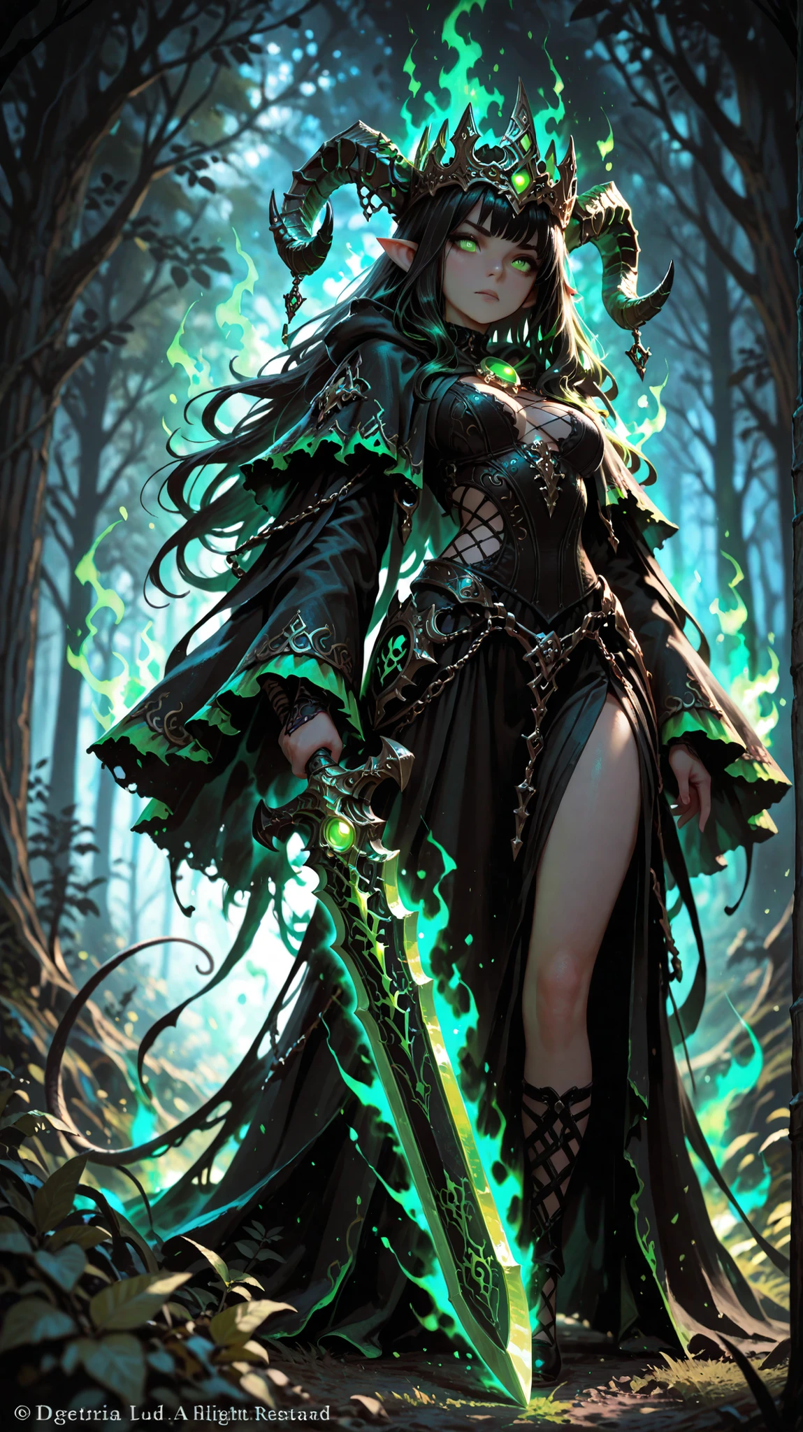 (masterpiece, best quality, ultra detailed), (dark fantasy, gothic, mystical), powerful elven enchantress, striking green eyes, (intricate horned crown:1.2), flowing dark hair, (glowing green aura:1.3), wearing ornate dark armor with glowing emerald accents, holding a glowing green sword, magical energy, mystic forest background, dramatic lighting, professional artwork, 8k
NEGATIVE PROMPT: low quality, bad anatomy, deformed, blurry, ugly, disfigured, poorly drawn, extra limbs, bad proportions, watermark, text, modern, bright colors
