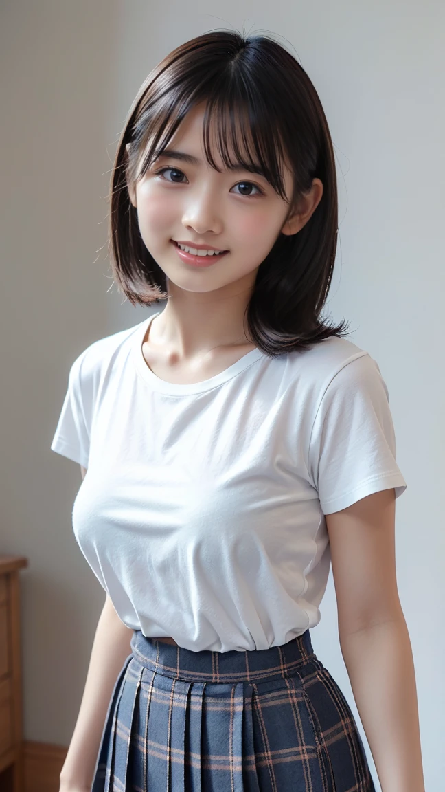 (masterpiece, Highest quality:1.2), 8K, Young and beautiful girl, 85mm,Official AR RAW Photos, (Baby Face), ((Small face)), ((Big Breasts))、((Show me your boobs)), Detailed nipples, Show me your ears、photo shoot, Cute face, Thighs, Classroom after school, Looking at the audience, Embarrassing、smile、 makeup, Film Grain, chromatic aberration, Sharp focus, Face Light, Bright lighting, 10 generations, Detailed face, Background blur、((((((14 year old high school girl))))))、Narrow waist、((T-Shirts)),,White tiny panties、Wet、Spread your legs