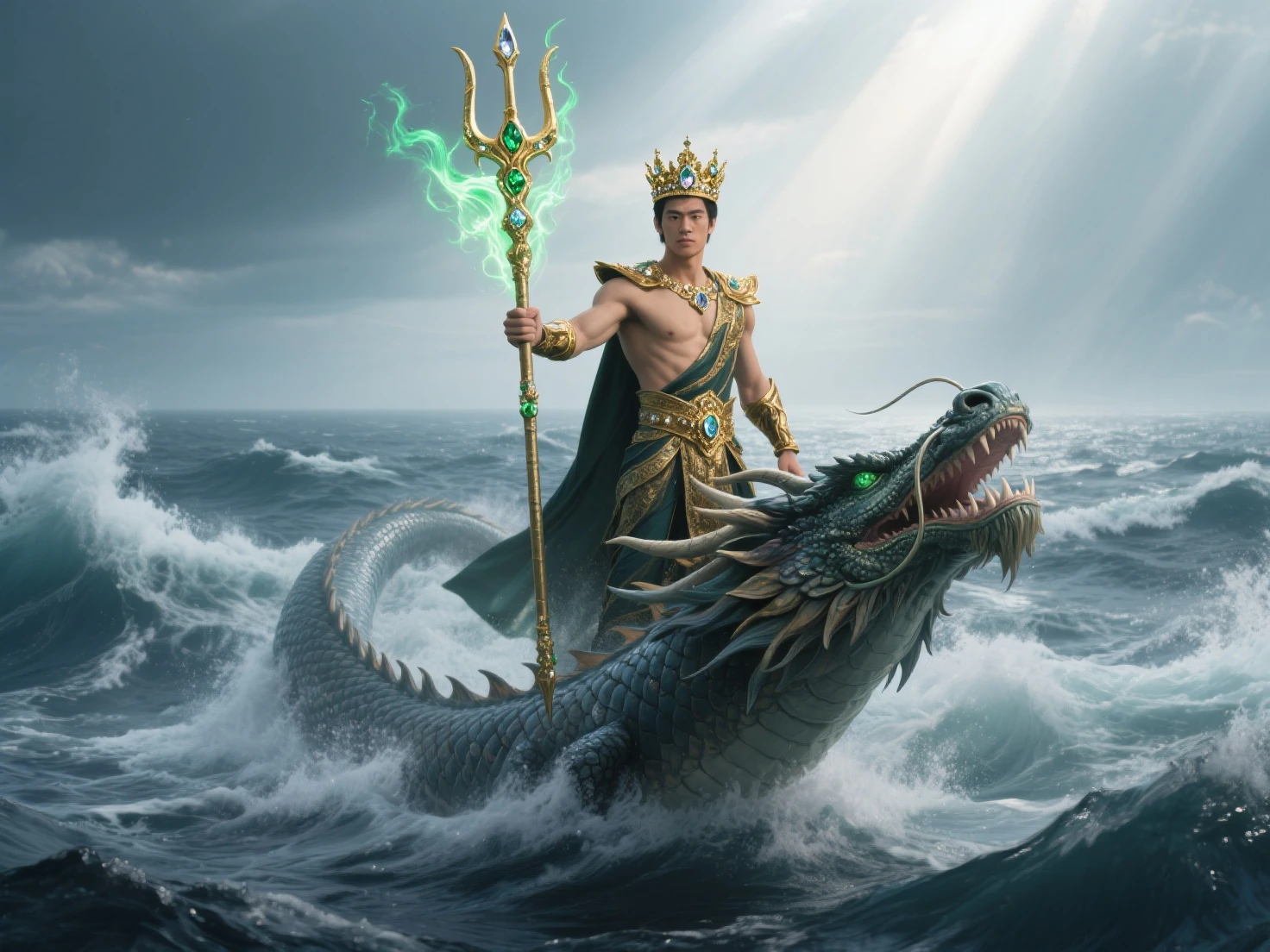 A regal dragon king, with flowing hair and piercing eyes, wearing golden armor adorned with pearls and jade, standing on a stormy sea, holding a trident that glows with divine energy, surrounded by sea serpents and whales, hyperrealistic digital painting