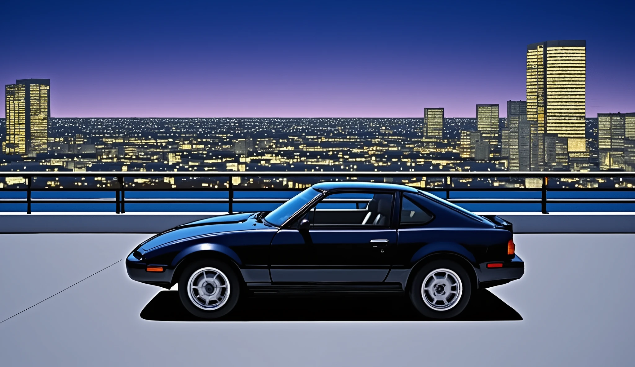 night、Big parking lot in the city、neon、９０Era、NISSAN、4th generation Z32、black Fairlady Z、車体がneonを反射