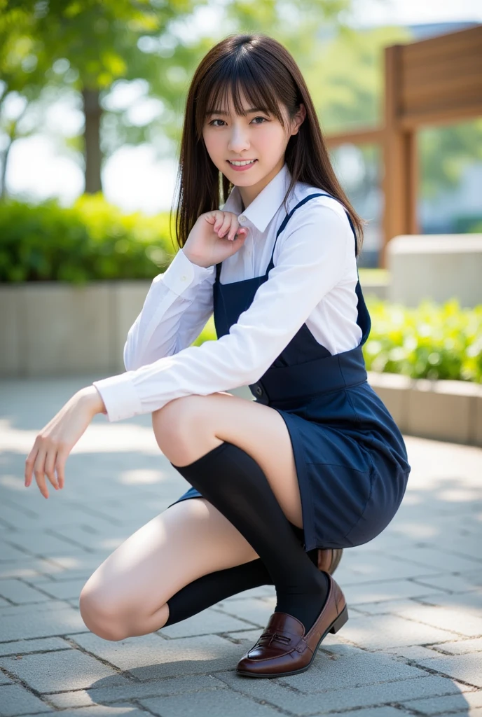 Ulzzang-6500-v1.1, (RAW Photos:1.2), (Realistic), (Genuine:1.4), 1girl、Perfect Anatomy、Sit on the stairs、Full body photo、Looking into the camera、black tights、pumps、Knee-length skirt、Black Hair、smile、Plaid vest、、