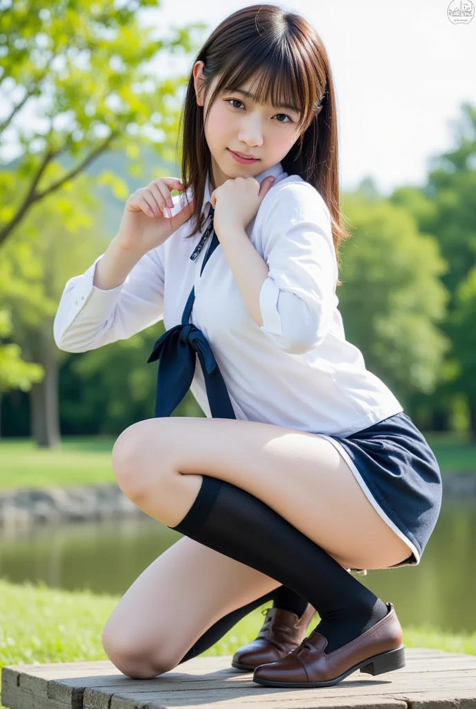(Big breasts, girl, small head)), (15)) Daylight (8K, Best Quality, Masterpiece: 1.2), (Realistic, Photorealistic: 1.2), (Short Wavy Hair: 1.2), ((Panty Shot))), 2 people, Beautiful Definition Sky, Watching the Viewer, (Sit: 1.5), (Nose Brush), Smile, Big Breasts, Fine Beautiful Eyes,), ( Short hair: 1.1), panty shot, spread legs, (((( ( school uniform, white sheer panties))), black socks, black hair, shirt, mecosji, blurry background, knee-high, white shirt, loafers, realistic, long hair, lips, brown eyes, red tie, navy blue pleated skirt, headrest, outdoors, masterpiece, best quality, ultra detailed, ( Panty shot))), (((spread your legs))),