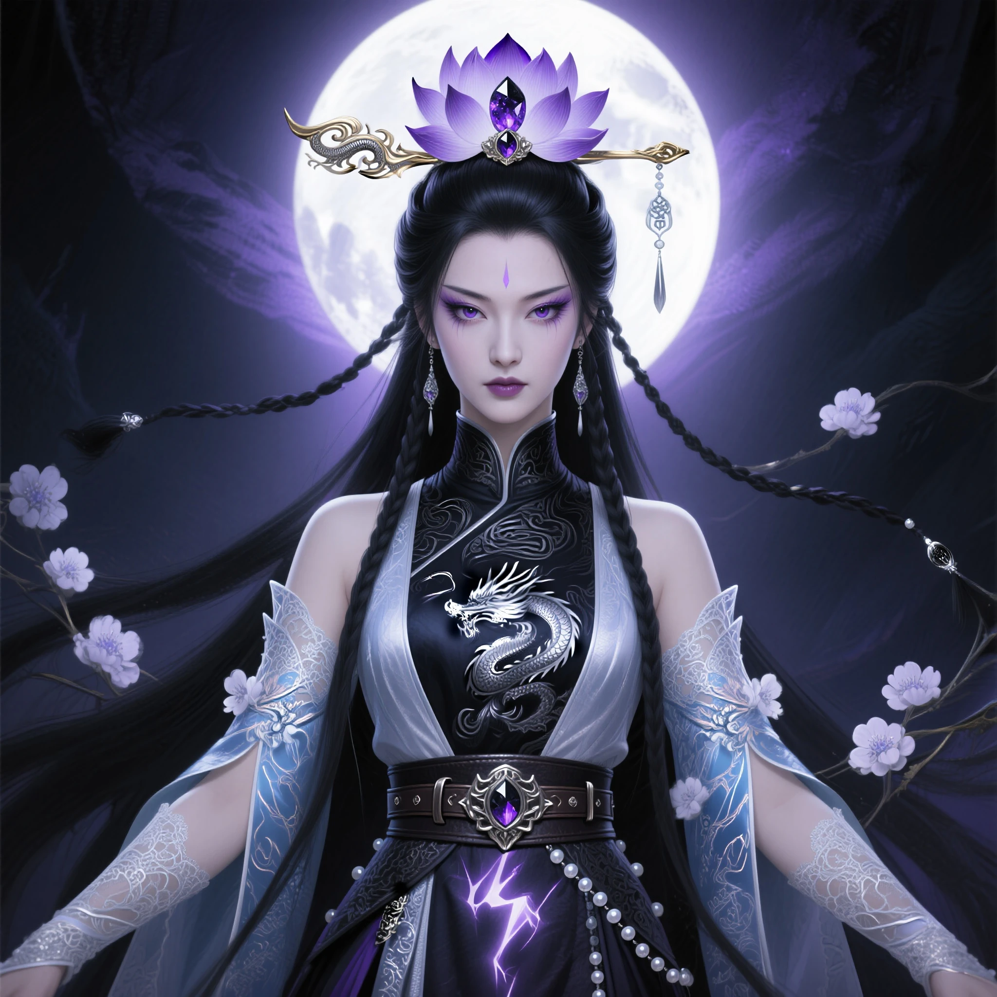 An adult tall woman, a war goddess, black hair with gray streaks, high ponytail, purple eyes, divine light, open white clothes, indifferent gaze, lipstick, dragon horns and tail, spears, reference, full height, phoenix