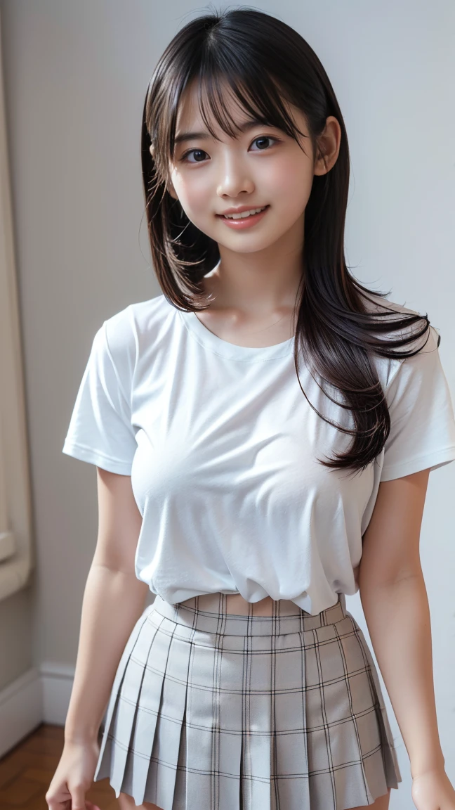 A cute Japanese junior high school student wears a tight fitting white T-shirt、Flat chest、Ungrown breasts、Small breasts