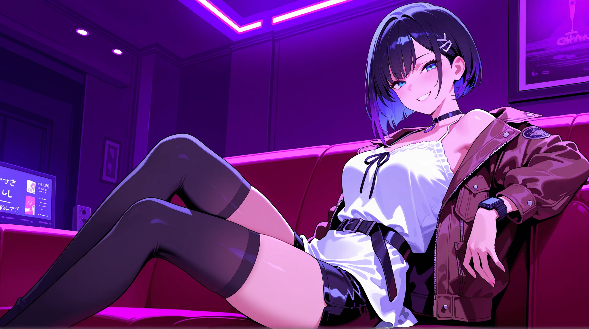 (masterpiece), Highest quality, Expressive eyes, Neon pastel aesthetics, Retro 90s, Neon color,((Girl sitting on sofa,In a cozy room,Records hanging on her wall, Comic books on the floor, Looking out the window behind her at the night city, Upholstered room, Anime figures lined up on a shelf)), Wearing headphones, (All around her it sparkles), (Wearing high socks and heels), (blue eyes), (Soft look), (Synthwave Art Style), Colorful Hair, Desk with PC set up