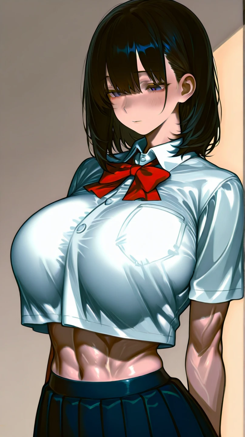 1 girl, solo, High school girl, childhood friend, expressive brown eyes, rolled up pleated skirt, exposed panties, buttoned white shirt, red necktie, gentle expression, flushed cheeks, short brown hair, large natural breasts, ecchi anime style, hentai anime style, portrait, illustration, masterpiece, high quality, lewd, beautiful eyes, detailed eyes, brilliant eyes, smooth skin, clear blue sky, breasts getting grabbed from behind