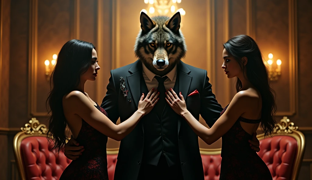 A wolf dressed as a gangster with dark aviator sunglasses sitting in an armchair surrounded by beautiful big-breasted Latina women