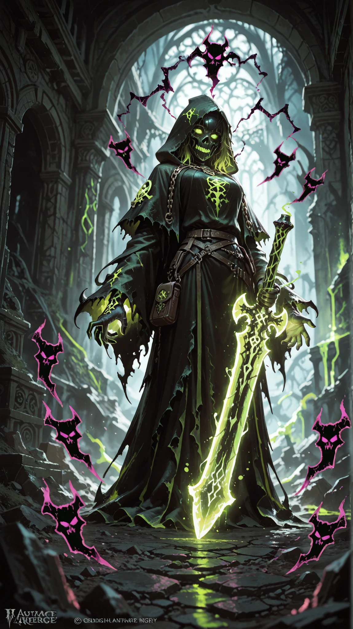 (masterpiece, best quality, ultra detailed), (dark fantasy, gothic, menacing), grim reaper, mysterious hooded figure, (glowing green eyes:1.2), dark tattered robes, intricate chains, (glowing green arcane energy:1.3) surrounding hands, holding a glowing green runic sword, smoky atmosphere, ancient ruins in background, dramatic lighting, concept art, 8k
NEGATIVE PROMPT: low quality, bad anatomy, deformed, blurry, ugly, disfigured, poorly drawn, extra limbs, bad proportions, watermark, text, cheerful, bright colors