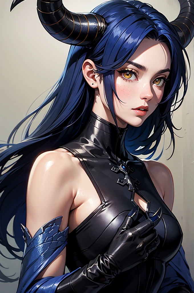 ((Portrait Photo)), She has a Sexy and Attractive Appearance, with a Slim Build and Pale Skin. She Expresses a Calm Look, Giving Off an Graceful Glint. She has Sharp, Dark Blue Eyes, and Her Hair is Long, Black and Straight, with Bare Forehead. She Wears a Tight High-Cut Leotard, with Detached Sleeves. ((Portrait Photo, HDR, Dark Background))