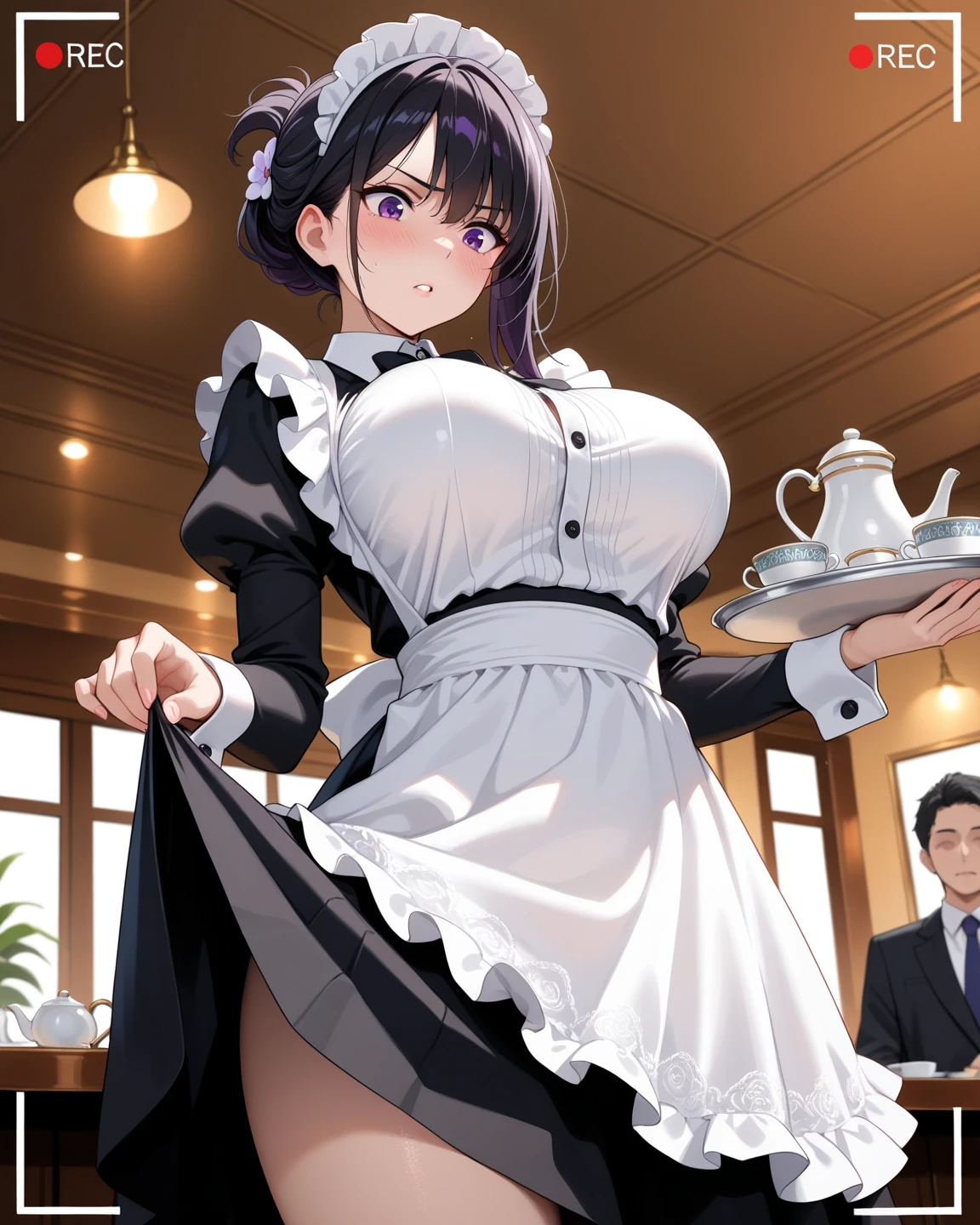 Boob Tray、One Woman、beautiful girl、waitress、20-year-old、Side Ponytail、restaurant、waitressの制服、Short skirt、Black Pantyhose、Holding the tray、Highest quality, smile,, Big Ass、Big Breasts、Very big 、Place your breasts on the tray、breast enhancement、Place the tray under your breast