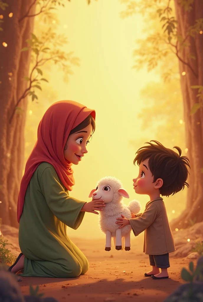 A family, each dressed in simple Muslim clothing, riding a sheep.. Indonesian people. Eid al-Adha. transparent background. Fresh green shades. facing the camera. Sheep standing on a circle of grass and a layer of soil on the edge. Make high resolution