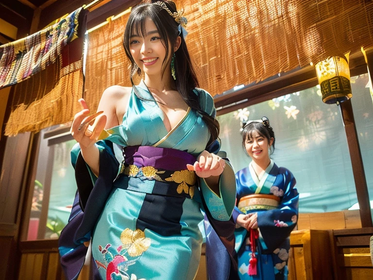 ((facing back:1.5))、(high-level image quality、hightquality、hight resolution、detaileds、​masterpiece）、(There are mature and beautiful women)、I&#39;m 43 years old、(Looking at the camera:1.2)、ssmile、（A pure Japanese hairstyle with a beautiful hairpin）、（Light brown hair）、(being thin:1.2)、(Small:1.2)、(Bra and thong with large kimono-style decorations:1.2)、She wears a collar, bangles, and a kimono-style garter belt.、（holding a golden dragon in both hands）、The pose is so cute and nice、(Visiting a shrine for the first time in a crowd of people:1.2)