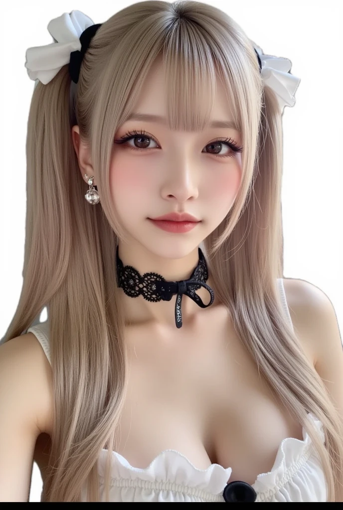 Highest quality、masterpiece、Ultra-high resolution、(Photorealistic:1.4)、Raw photo、One Girl、Blonde、Esbian all over、Big ample breasts、Super exposed cleavage、erotic、eroticな表情、choker、double eyelid、Loose and fluffy perm、Semi-long hair、
