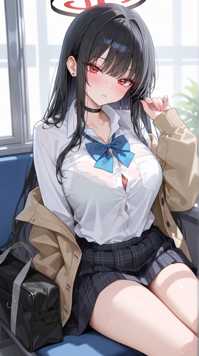 Masterpiece, top quality, high resolution, solo, indoors, white shirt, black skirt, red ribbon, undressed, bra, panties, lying down, from above, open arms, angry, bed, disheveled clothes, heavy breathing, sexual expression