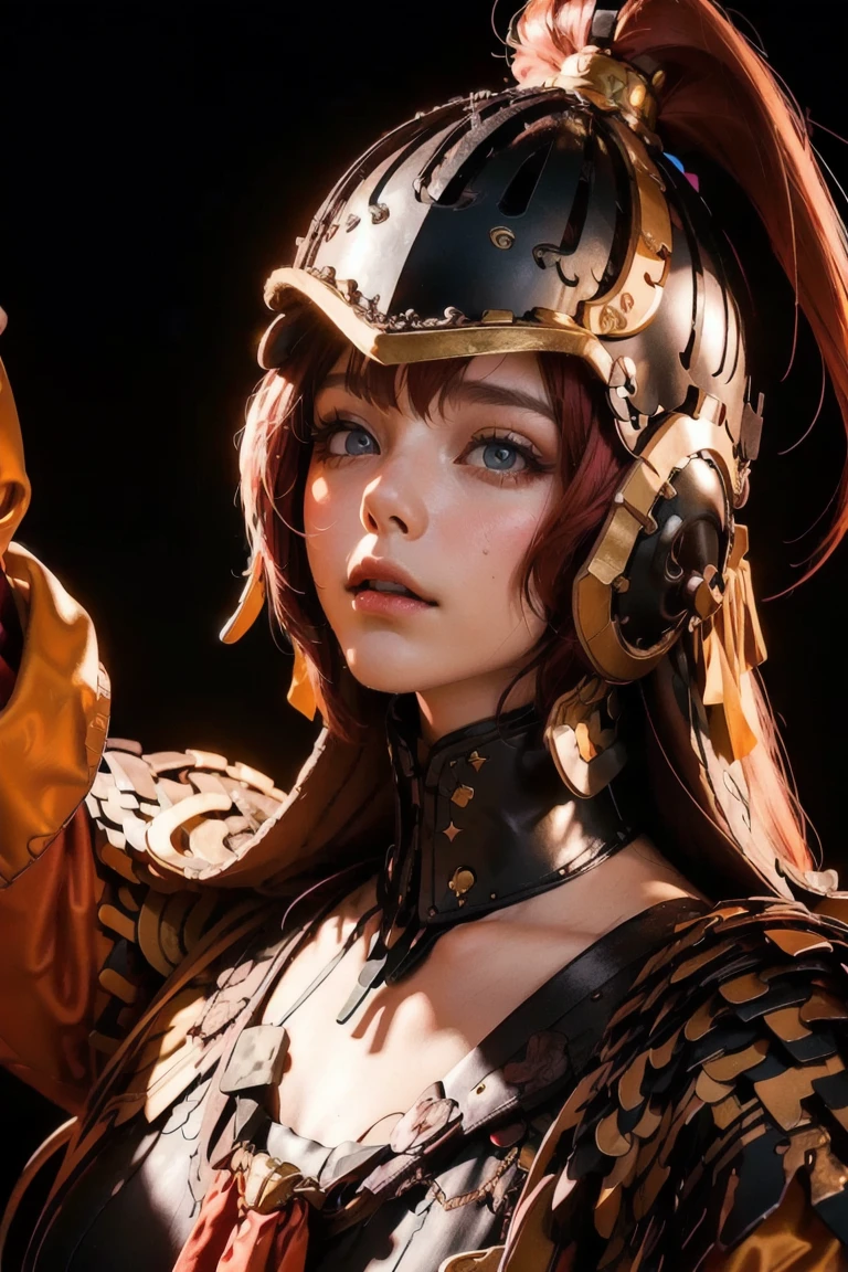 Make a face of a beautiful girl with red hair blue eyes and extremely beautiful, saint seiya style, girl looking at the public from the side with a lot of charm to catch the attention of the public, 16k, ultra hd, full of detlhes, vibrant colors, contrast and perfect brightness highlighting the girl, cinema style